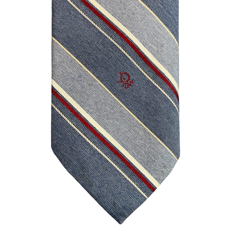 Christian Dior Mens Silk Blend Striped Tie Blue Burgundy Made in USA Woven Italy